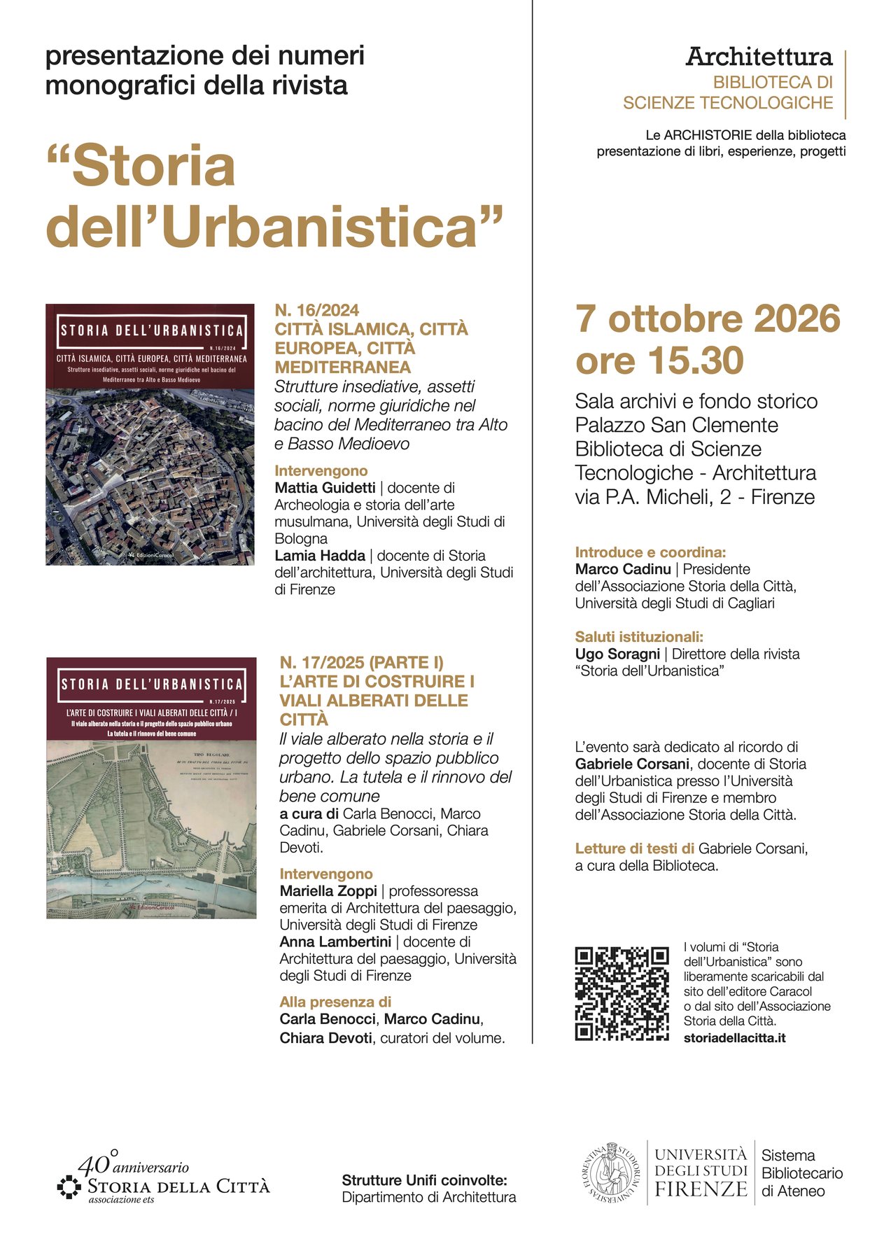 Locandina della presentazione dei numeri 16/2024 e 17/2025 di Storia dell’Urbanistica, Firenze, Palazzo San Clemente, 7 ottobre 2026